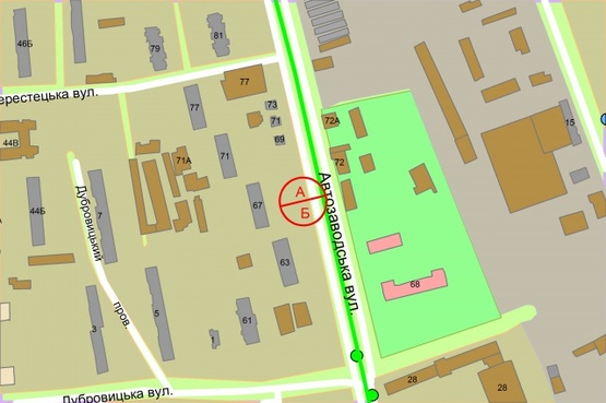 Схема рекламной плоскости по адресу Автозаводська, 67 рухаючись до вул. Полярна, ліворуч