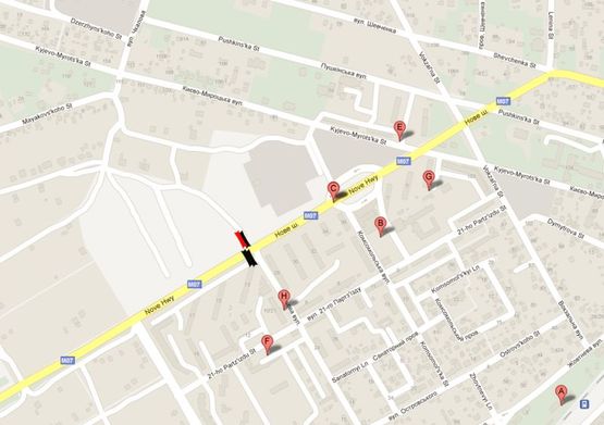 Схема рекламної площини за адресою Київ - Ковель, 15км+950м (Нове шосе-Польова вул.) (в напр. Києва)