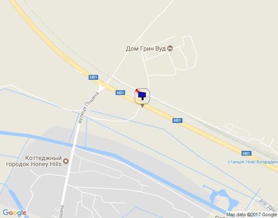 Схема рекламной плоскости по адресу Новообухівська траса, км 35+120 право, перед ж/д станция, напротив кот. Городок "Грин Вуд", за поворотом на с. Новые Безрадичи