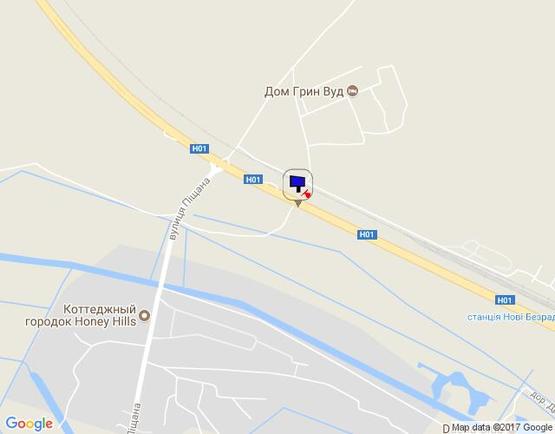 Схема рекламной плоскости по адресу Новообухівська траса, км 35+120 право, перед ж/д станция, напротив кот. Городок "Грин Вуд", за поворотом на с. Новые Безрадичи