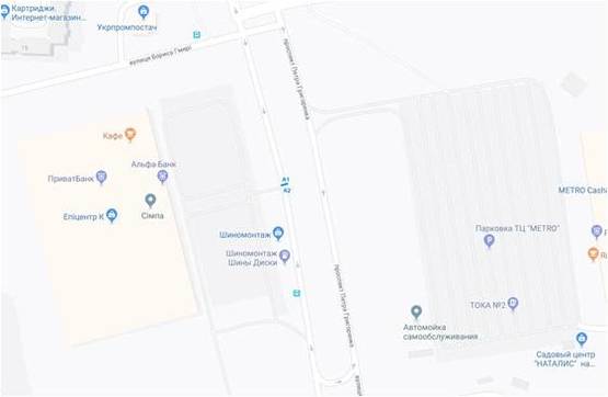 Схема рекламної площини за адресою Просп. Петра Григоренка (на разделители между Эпицентром и Метро)