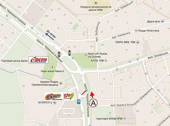 Схема рекламной плоскости по адресу Червоної Калини - Давидовича, (до Арсену) супермаркет ВАМ-СІЛЬПО