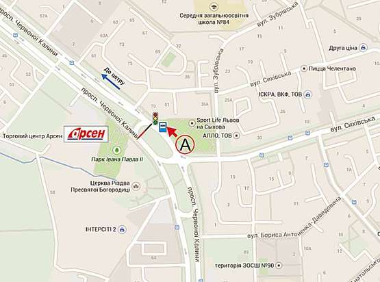 Схема рекламной плоскости по адресу пр.Червоної Калини (к-тр "Довженко", до центру, ТЦ Арсен)