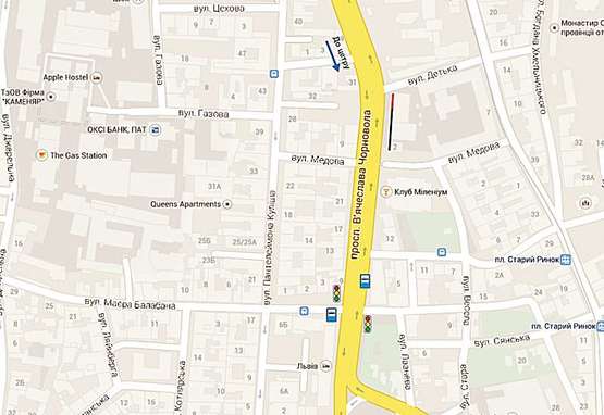 Схема рекламной плоскости по адресу Чорновола, 4 (м.1) статуправління, клуб " Міленіум"