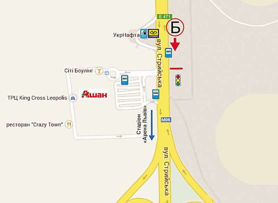 Схема рекламной плоскости по адресу вул.Стрийська  Ашан, Практикер, Кінгкрос, дорога до Стадіону