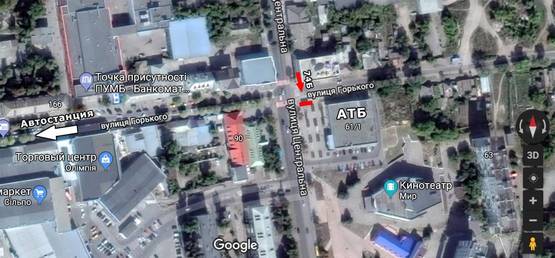 Схема рекламной плоскости по адресу ул. Центральная - ул. Горького, перекрёсток, из центра