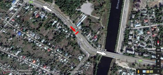 Схема рекламной плоскости по адресу ул. Днепровская, разделитель перед мостом через р.Волчья, в центр