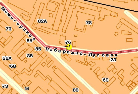 Схема рекламної площини за адресою Набережно-Луговая ул. 76, до пересечения с ул.Межигорской, в центр