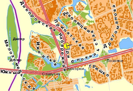 Схема рекламной плоскости по адресу Днепровская набережная, возле ул.Княжий Затон, к пр-ту Бажана, в центр