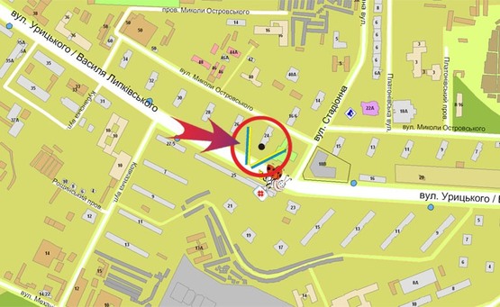 Схема рекламной плоскости по адресу Урицкого 24 (В)/напр.на ул.Жилянская,Южному терминалу Ж.Д.вокзала