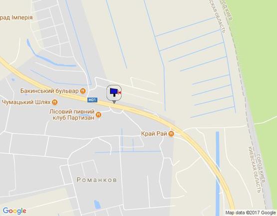 Схема рекламной плоскости по адресу Новообухівська траса, напротив ресторана "Три мушкетера", км 28+350 лево