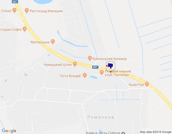 Схема рекламної площини за адресою Новообухівська траса, перед рестораном "Три мушкетери", км 28+350 право