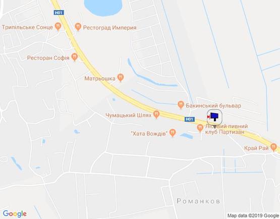 Схема рекламної площини за адресою Новообухівська траса, перед рестораном "Три мушкетери", км 28+350 право