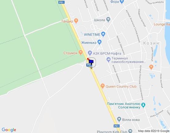 Схема рекламной плоскости по адресу Конча-Заспа, траса Р-02, км 30+200 право, зупинка "Козин-2", навпроти  АЗС "БРСМ", супермаркет "FAVORE"