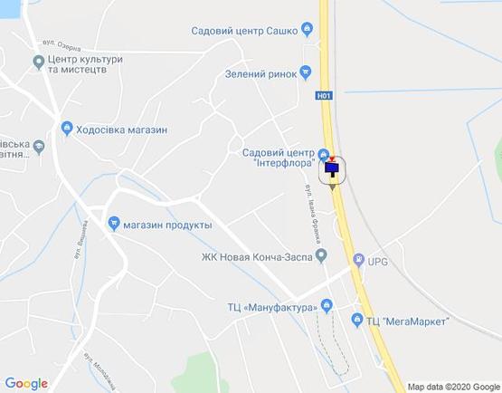 Схема рекламной плоскости по адресу Дніпровське шосе, км 23+200 право,  перед поворотом на с. Ходосіївка, АЗС БРСМ, садовый центр "Інтерфлора", "МегаМаркет-Ходосіївка"