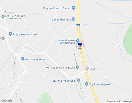 Схема рекламной плоскости по адресу Дніпровське шосе, км 23+200 право,  перед поворотом на с. Ходосіївка, АЗС БРСМ, садовый центр "Інтерфлора", "МегаМаркет-Ходосіївка"