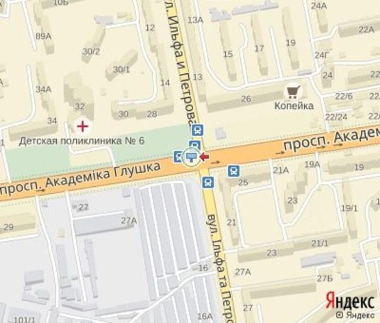 Схема рекламної площини за адресою Глушка пр. - Ильфа и Петрова ул. (500 м. до пр-та Небесной Сотни, из города) (правый)