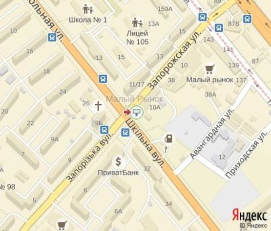 Схема рекламной плоскости по адресу Школьная ул.-Запорожская ЦЕНТРАЛЬНАЯ ЗОНА.(Направление "Малый ринок" и Проспект Соборный)