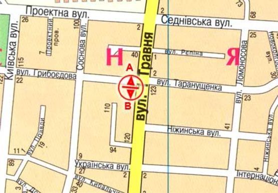 Схема рекламної площини за адресою 1 Мая ул. - Грибоедова ул., из центра