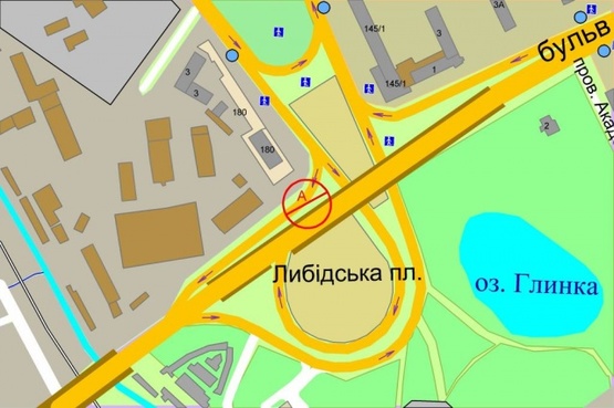 Схема рекламної площини за адресою Антоновича (Горького) выезд с Лыбидской площади на бульвар Дружбы Народов