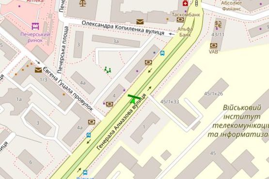 Схема рекламної площини за адресою Алмазова Генерала вул. (Кутузова вул.), 1 на розділювальній смузі (в направл. Суворова)