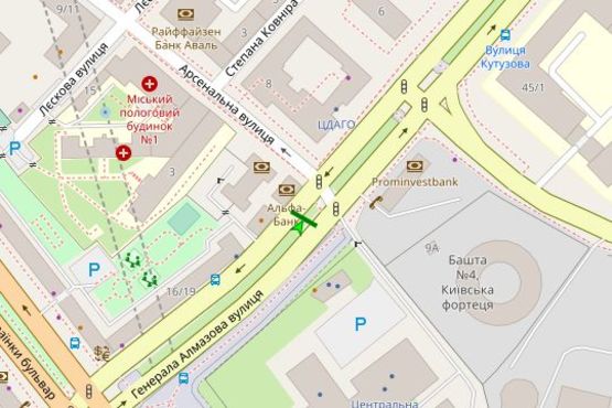 Схема рекламной плоскости по адресу Алмазова Генерала вул. (Кутузова вул.), 12 на розділювальній смузі (в направл. ул.Суворова)