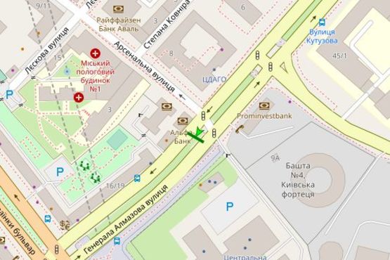 Схема рекламної площини за адресою Алмазова Генерала вул. (Кутузова вул.), 12 на розділювальній смузі (в направл. Леси Украинки)