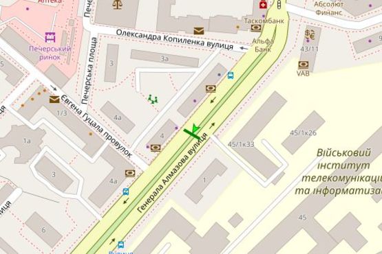 Схема рекламной плоскости по адресу Алмазова Генерала вул. (Кутузова вул.), 1 на розділювальній смузі (в направл. Леси Украинки)