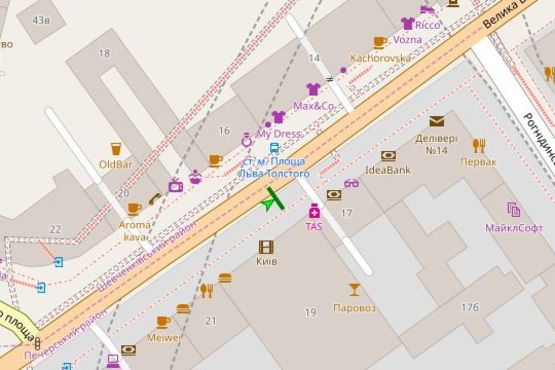 Схема рекламної площини за адресою Велика Васильківська вул.,  навпроти буд. №19  (кинотеатр "Київ" (летом зонтики!))