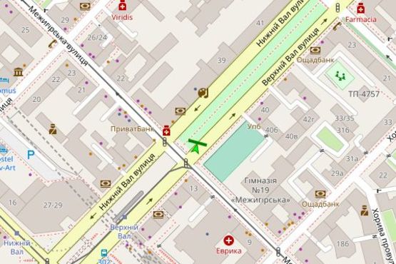 Схема рекламної площини за адресою Верхній Вал вул., 36 / Межигірська, бульварна частина
