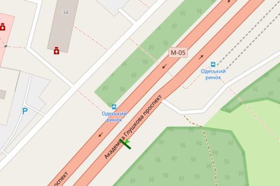 Схема рекламной плоскости по адресу Академіка Глушкова просп., в'їзд в київ напроти Одеського ринку  (виїзд з Києва)