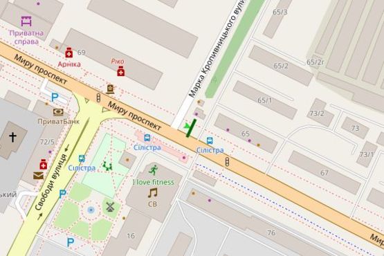 Схема рекламної площини за адресою Миру просп., 65 - Марка Кропивницького вул. (Ярослава Галана вул.)