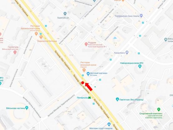 Схема рекламной плоскости по адресу Украинки бул., 24 / Алмазова ул. (бывш. Кутузова ул.), ст. м. "Печерская", на светофоре