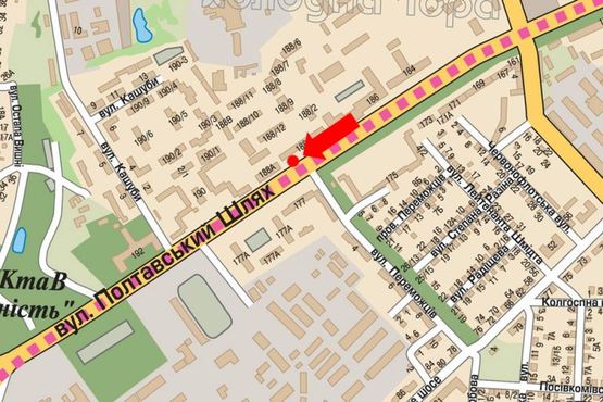 Схема рекламной плоскости по адресу Полтавский шлях, 188 / Победителей ул., флажок, из центра