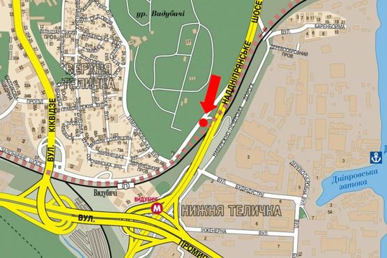 Схема рекламної площини за адресою Железнодорожное шоссе / Тимирязевская ул., съезд с Надднепрянское шоссе, в сторону Бойчука ул. (бывш. Киквидзе ул.)