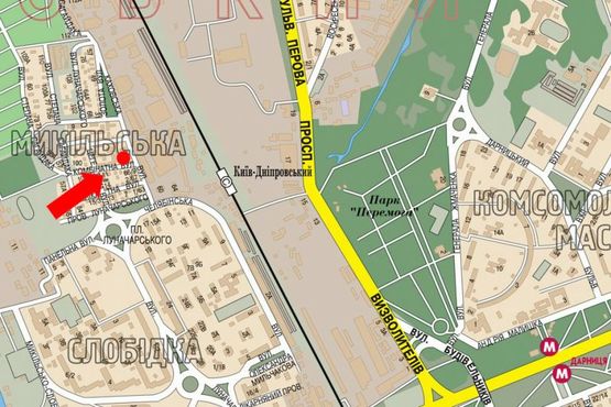 Схема рекламной плоскости по адресу Комбинатная ул. / Каховская ул., единственный выезд из Русановских садов в сторону ст. м. "Левобережная"