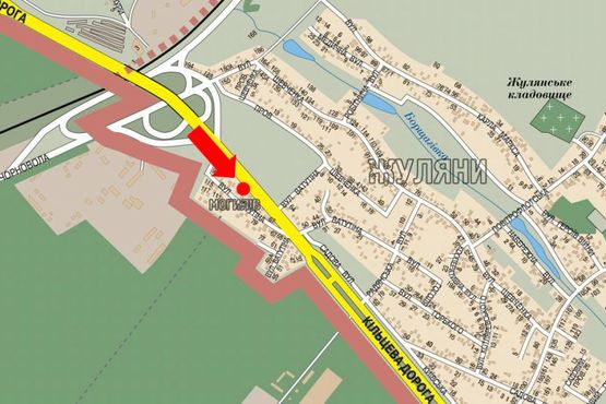 Схема рекламної площини за адресою Кольцевая дорога, за Жулянским мостом над железной дорогой, в сторону пл. Одесская, "Эпицентр", "Метро"