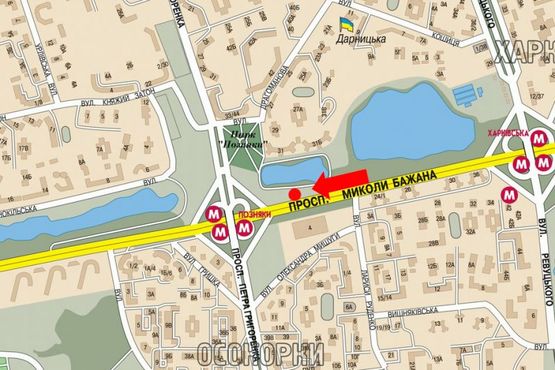 Схема рекламной плоскости по адресу Бажана пр., ст. м. "Позняки", левый, в сторону ст. м. "Позняки"