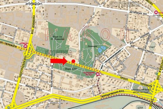 Схема рекламной плоскости по адресу Победы пр., 34, возле Медуниверситета им. Богомольца, в центр