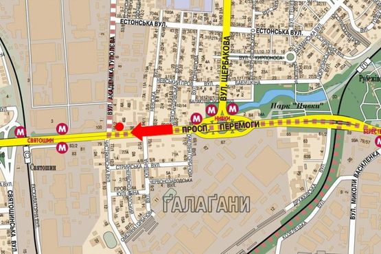 Схема рекламної площини за адресою Победы пр., 98/ 2, 100 м от супермаркета "Фуршет", из центра