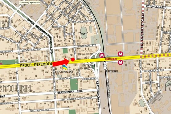 Схема рекламної площини за адресою Победы пр., 108/ 1, напротив супермаркет "Сильпо", "Фокстрот", в центр