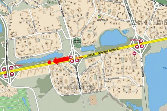 Схема рекламної площини за адресою Бажана пр., 100м от Гмыри ул., в центр, правый