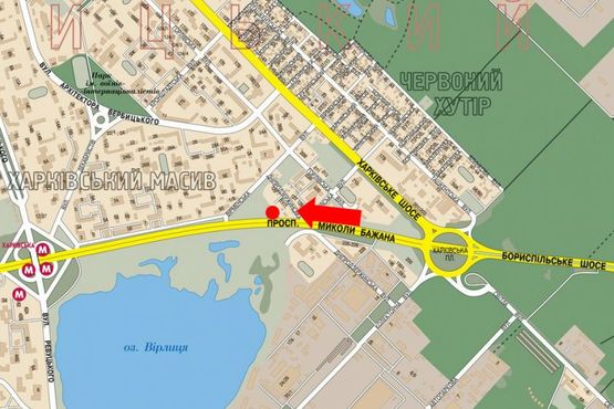 Схема рекламной плоскости по адресу Бажана пр. / Днепродзержинская ул., 226-228, в центр