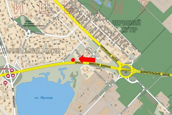 Схема рекламной плоскости по адресу Бажана пр. / Днепродзержинская ул., 226-228, в центр