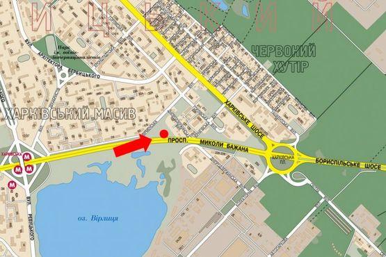 Схема рекламной плоскости по адресу Бажана пр. / Днепродзержинская ул., 226-228, из центра