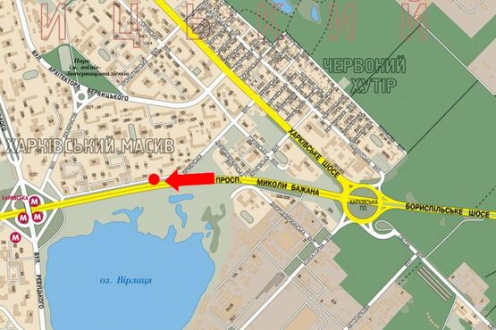 Схема рекламной плоскости по адресу Бажана пр., 7, напротив, в центр