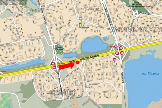 Схема рекламної площини за адресою Бажана пр., напротив ТЦ "Пирамида", за стоянкой, из центра