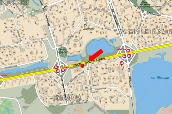 Схема рекламної площини за адресою Бажана пр., напротив ТЦ "Пирамида", за стоянкой, в центр