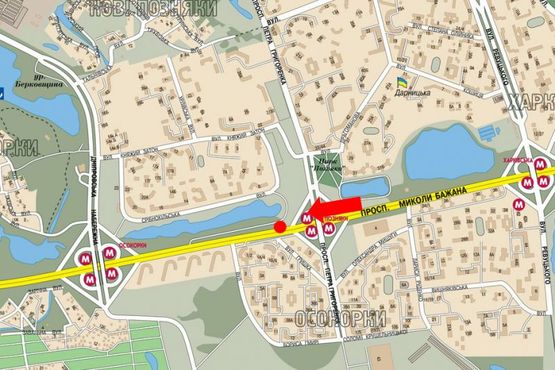 Схема рекламной плоскости по адресу Бажана пр., ст. м. "Позняки", перед АЗС "КЛО", в центр