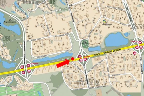 Схема рекламной плоскости по адресу Бажана пр., ст. м. "Позняки", перед АЗС "КЛО", из центра